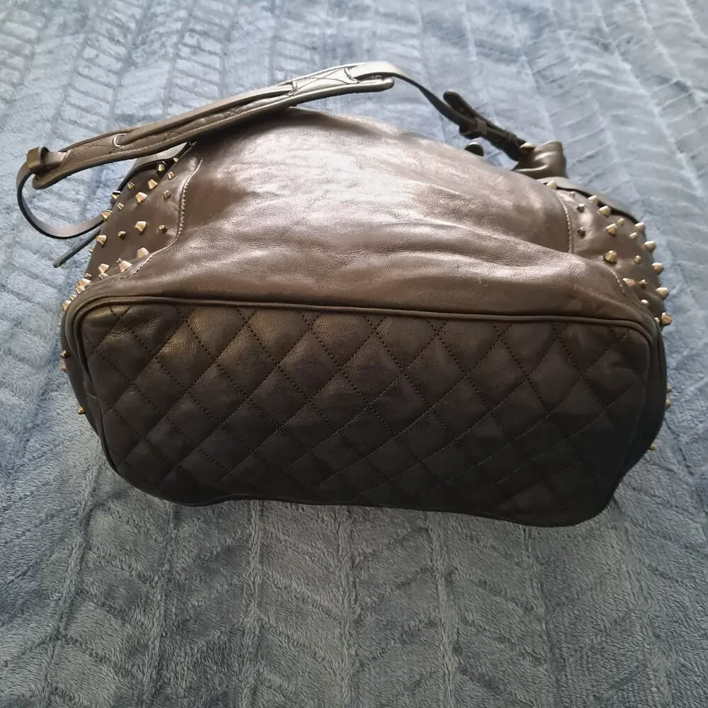 Jimmy Choo Blare Studded Shoulder Purse Satchel Tote Bag Black Glossy Leather